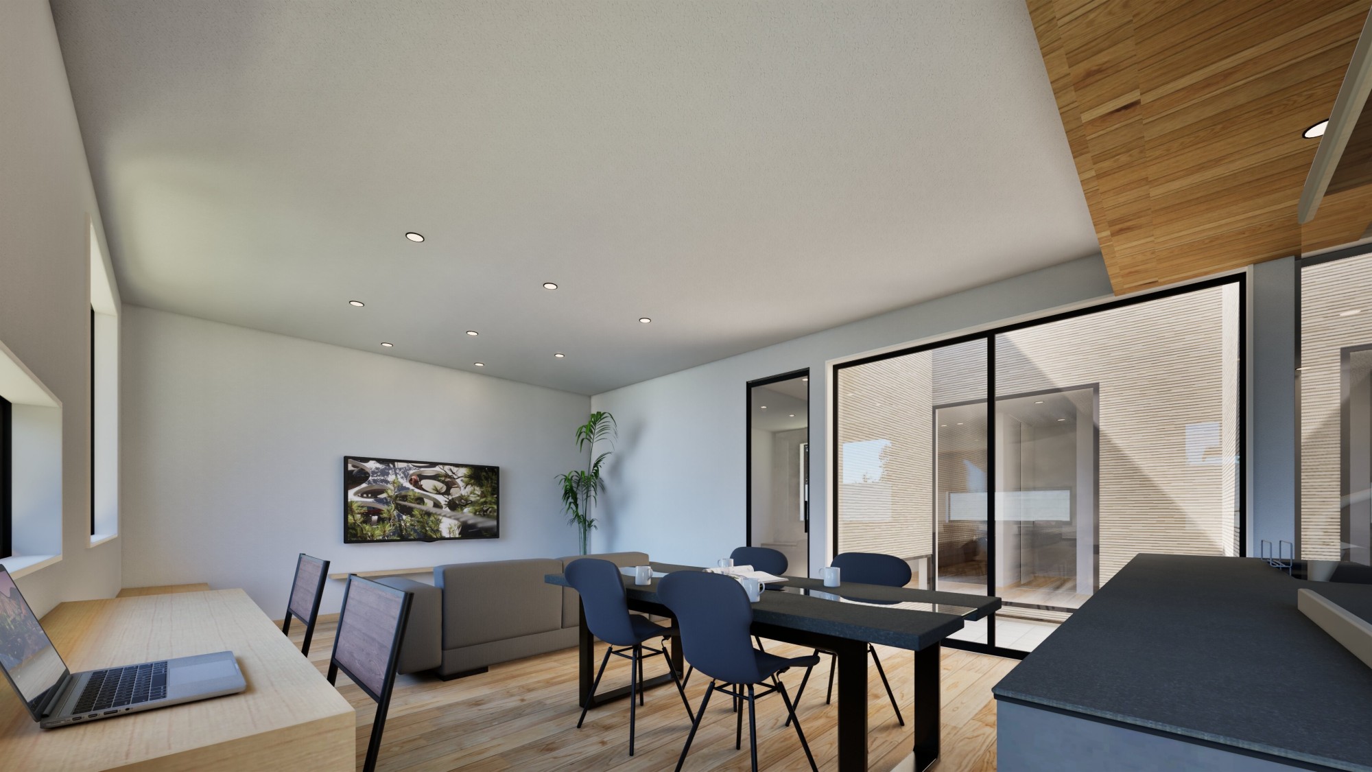 中庭に面したLDKはカーテンいらずで明るい空間