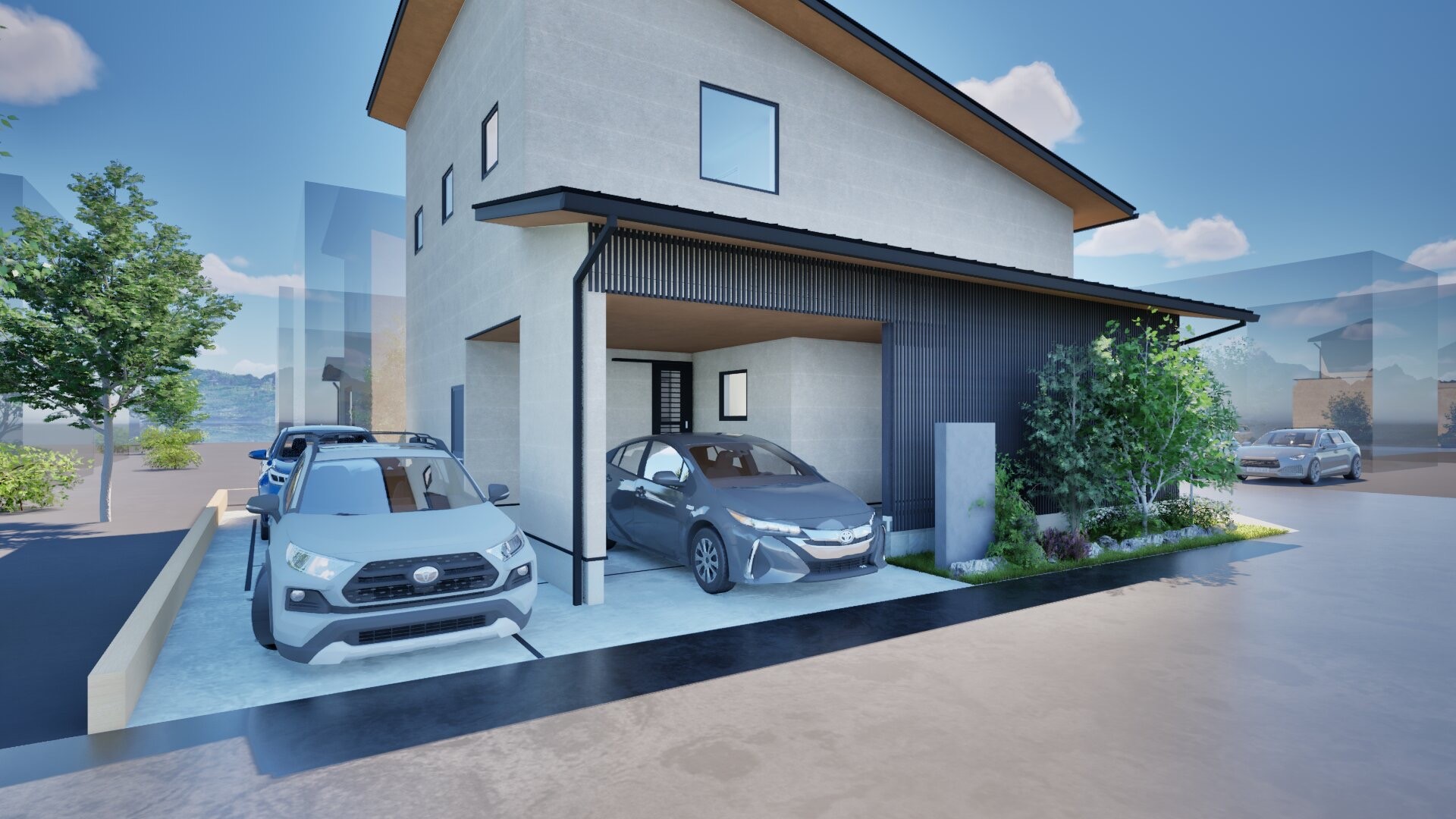 ビルトインガレージ含む4台駐車スペース