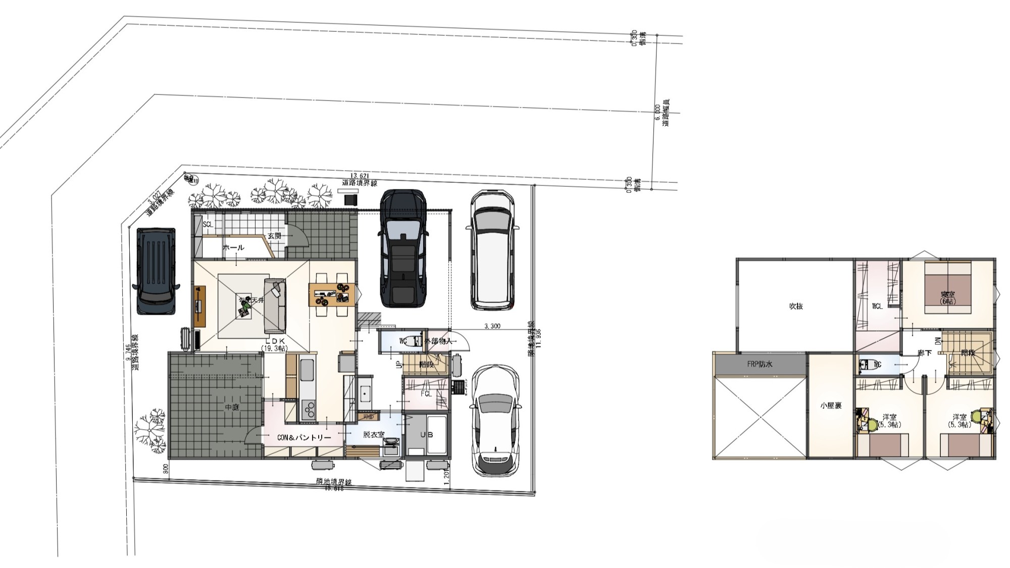 ビルトインガレージ含む4台駐車スペース